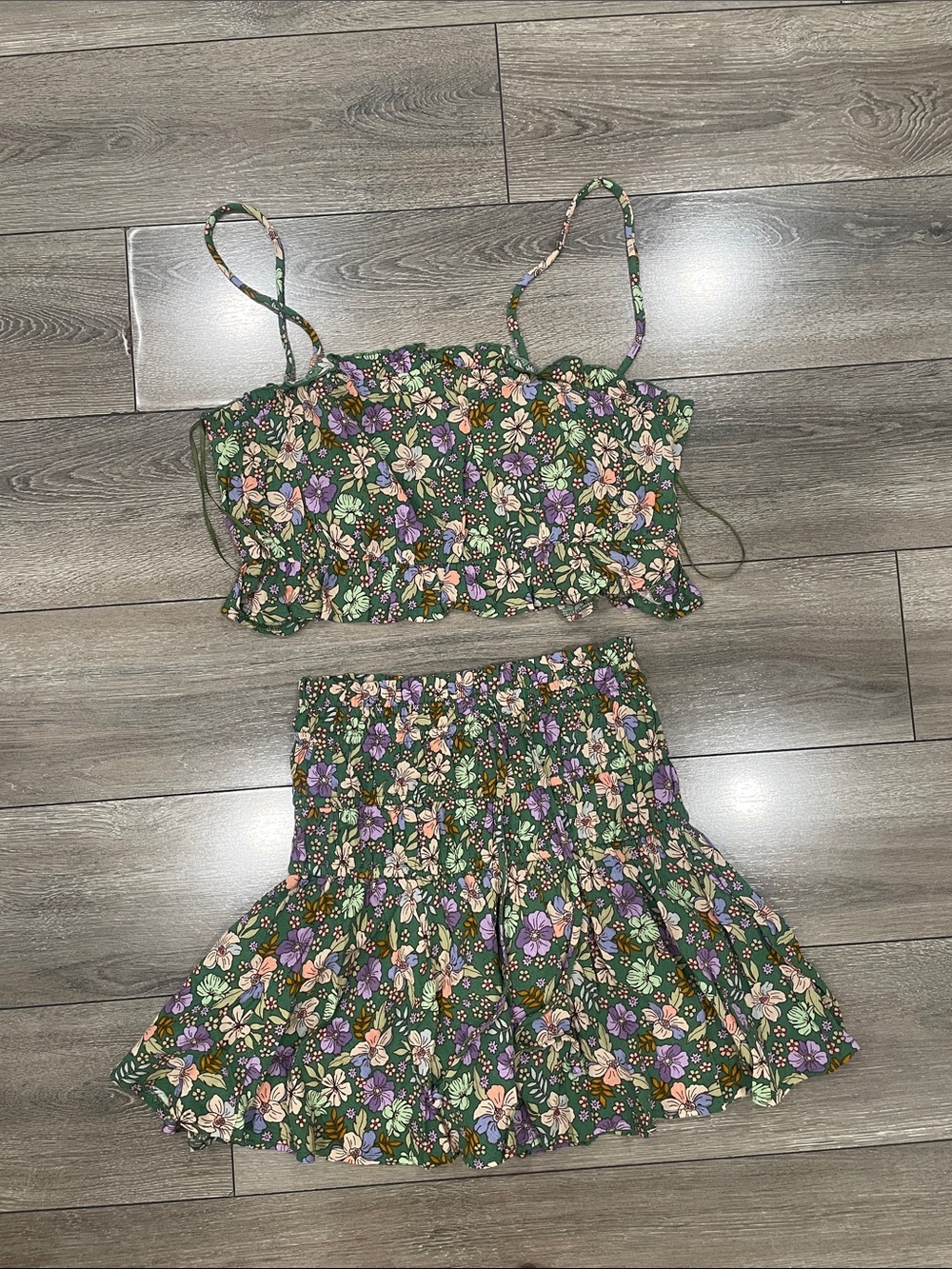 Green Floral Smocked Two-Piece Skirt Set - Women's Summer Co-ord